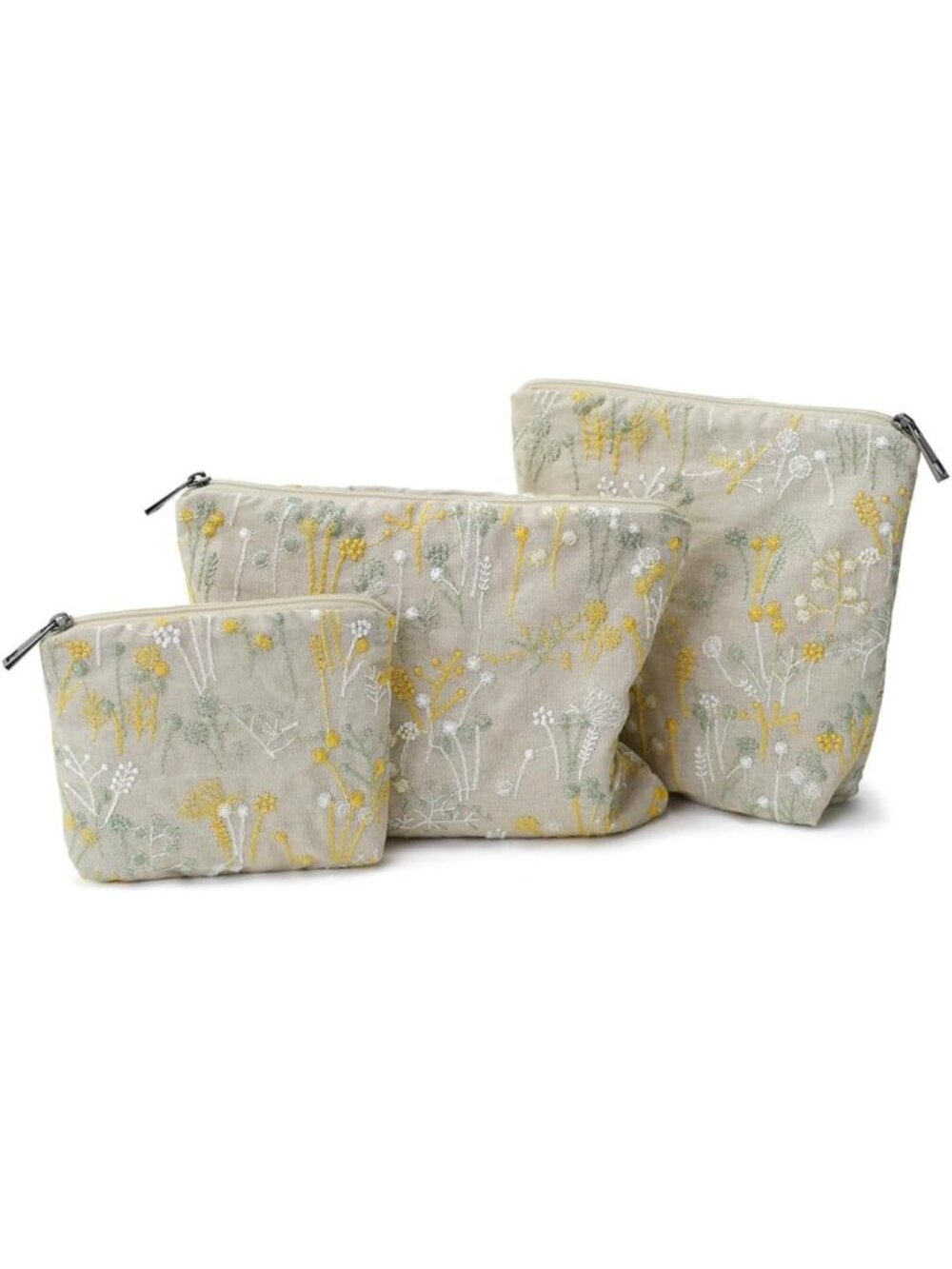 Beige Floral Cosmetic Bag Set of 3 - Makeup Pouches for Travel & Toiletries